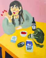 Pystykuva maalauksesta, jossa nainen pöydän ääressä.