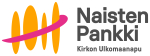 Logo, jossa värikkäitä viivoja ja teksti Naisten Pankki,Kirkon Ulkomaanapu.