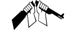 Mustavalkoinen logo, jossa kädet katkaisevat aseen.