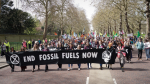 Mielenosoittajia kadulla, kyltissä teksti End fossil fuels now.