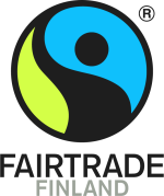 Logo, jossa abstrakti sini-musta-vihreä kuvio ja teksti Fairtrade Finland.