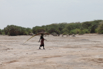 Raskaana oleva nainen kantaa polttopuita pään päällä Keniassa.