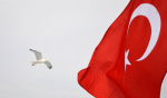 Lokki lentää Turkin lipun vasemmalla puolella