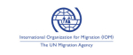 Logo, jossa sininen ympyräkuvio ja teksti International Organization for Migration, THe UN Migration Agency.