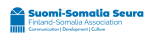Logo, jossa sininen abstrakti kuvio ja teksti Suomi-Somalia Seura, Finland-Somalia Association, Communication, Development, Culture.