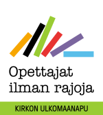 Logo, jossa värikkäitä pystyviivoja ja teksti Opettajat ilman rajoja, Kirkon Ulkomaanapu.