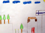 Lapsen piirros, jossa talo, puita ja Suomen lippu