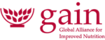 Punainen logo, jossa viljantähkiä ja teksti gain, Global Alliance for Improved Nutrition.