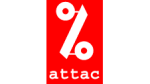 Logo, jossa punaisella pohjalla valkoinen prosenttimerkki ja teksti attac.