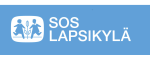 Sininen logo, jossa kaksi piirrettyä lapsihahmoa ja teksti SOS Lapsikylä.