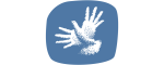 Logo, jossa sinisellä pohjalla valkoinen kyyhky, jonka siipinä kädet.