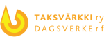 Logo, jossa keltainen nuolikuvio ja teksti Taksvärkki ry, Dagsverket rf.