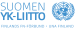 Logo, jossa tekstit "Suomen YK-liitto", "Finlands FN-förbund" ja "UNA Finland" sekä YK:n köynnöslogo.