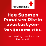 Banneri, jossa Punaisen Ristin logo sekä teksti Hae Suomen Punaisen Ristin avustustyöntekijäreservin. Haku auki 17.1.-28.2.2022 klo 16 asti.