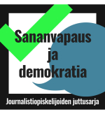 Kuvio, jossa tekstit Sananvapaus ja demokratia sekä Journalismiopiskelijoiden juttusarja