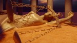 Oikeuden jumalatar Themis osittain hiekkaan hautautuneena.