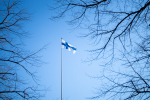 Suomen lippu puiden oksien keskellä.