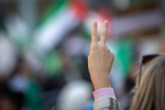 Kaksi sormea pystyssä, taustalla Palestiinan lippujen värejä.