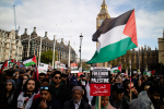 Mielenosoittajia Palestiinan lippujen kera.