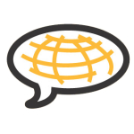 Logo, jossa puhekuplan mallinen keltaisella ruudutettu pallo.